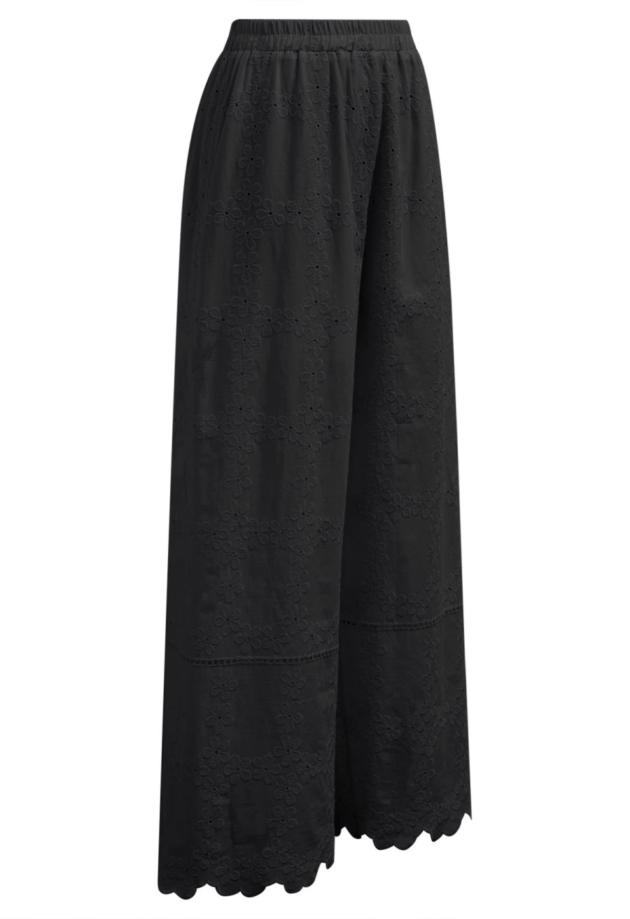 Lattice-Floret Embroidery Cotton Pants in Black