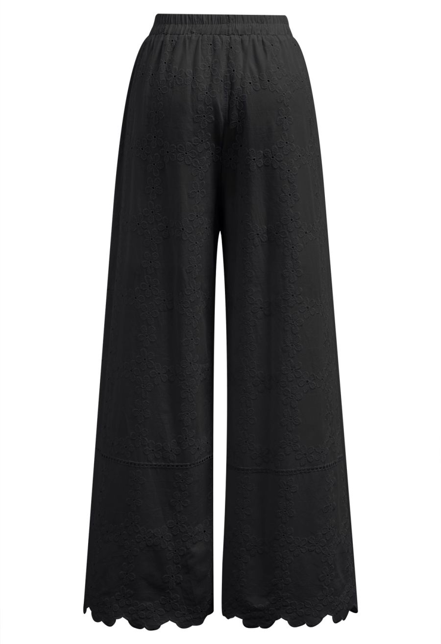 Lattice-Floret Embroidery Cotton Pants in Black