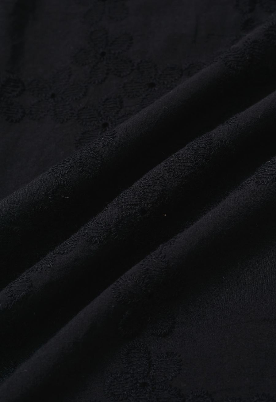 Lattice-Floret Embroidery Cotton Pants in Black