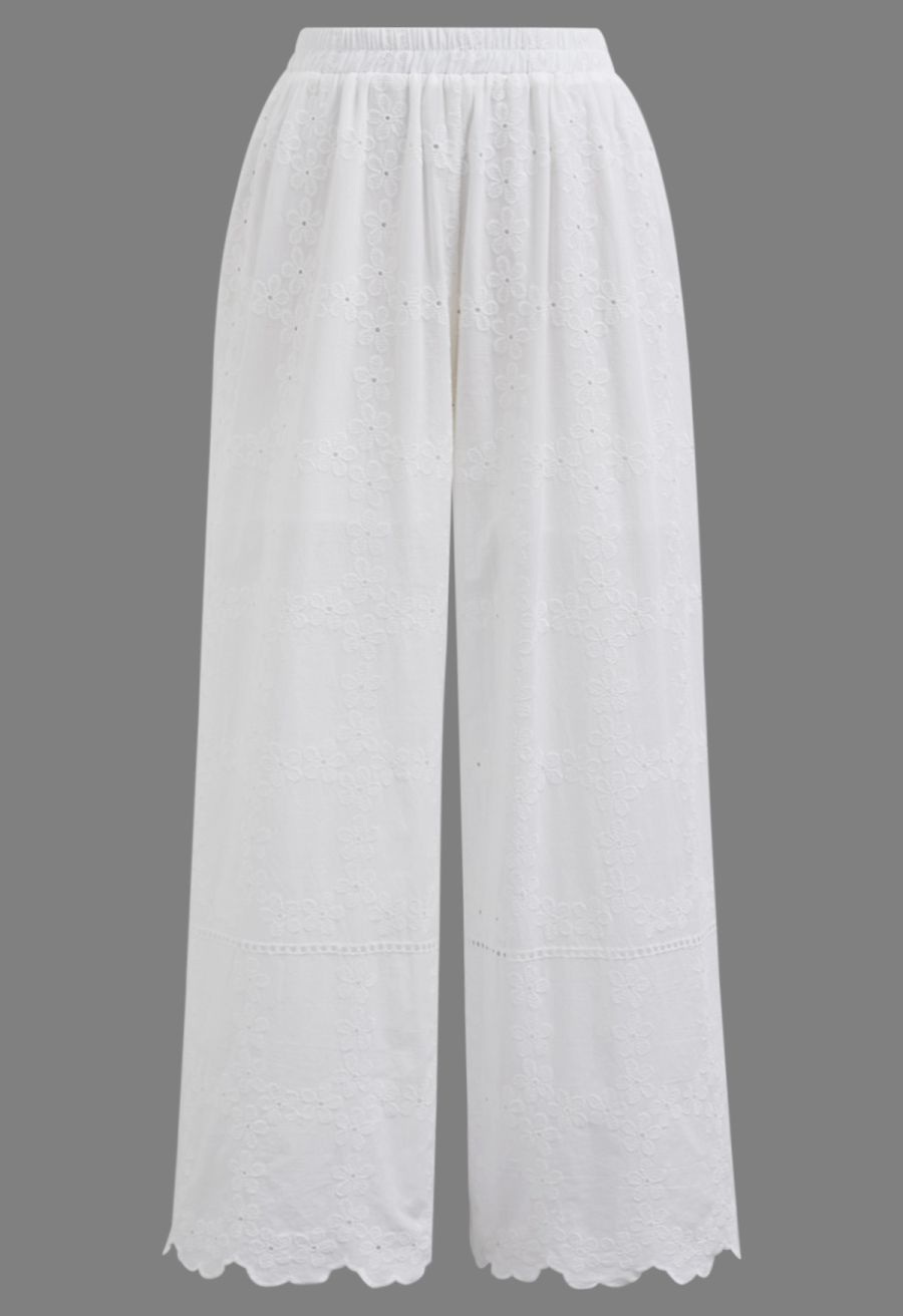 Lattice-Floret Embroidery Cotton Pants in White