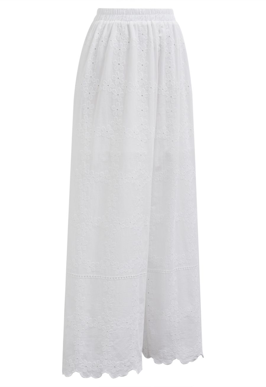 Lattice-Floret Embroidery Cotton Pants in White