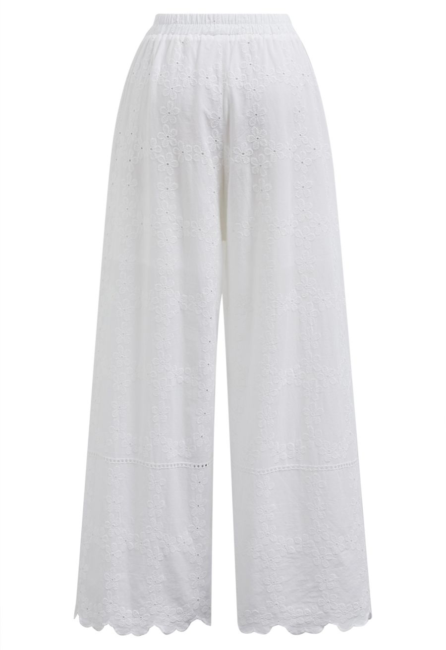 Lattice-Floret Embroidery Cotton Pants in White