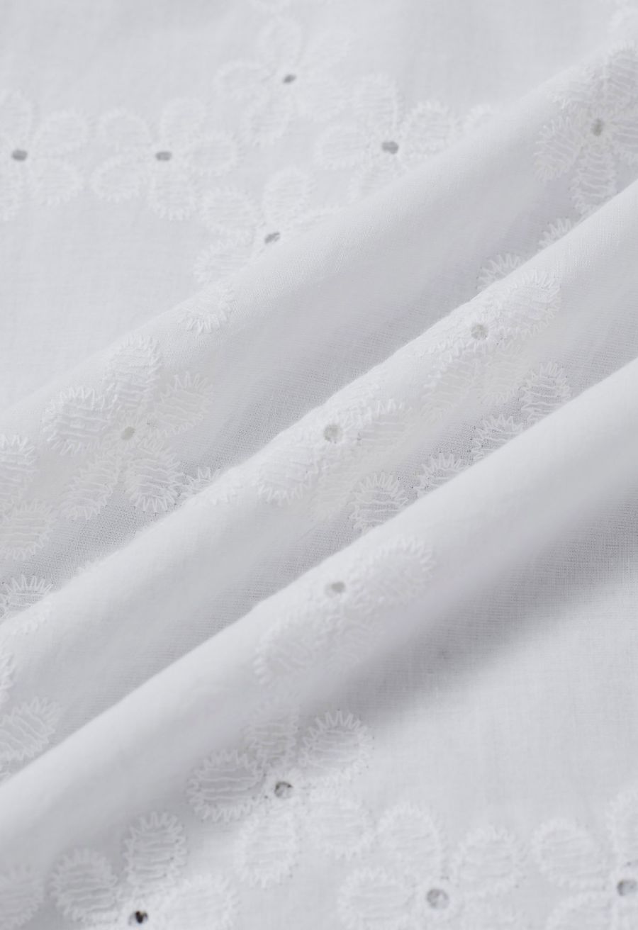 Lattice-Floret Embroidery Cotton Pants in White