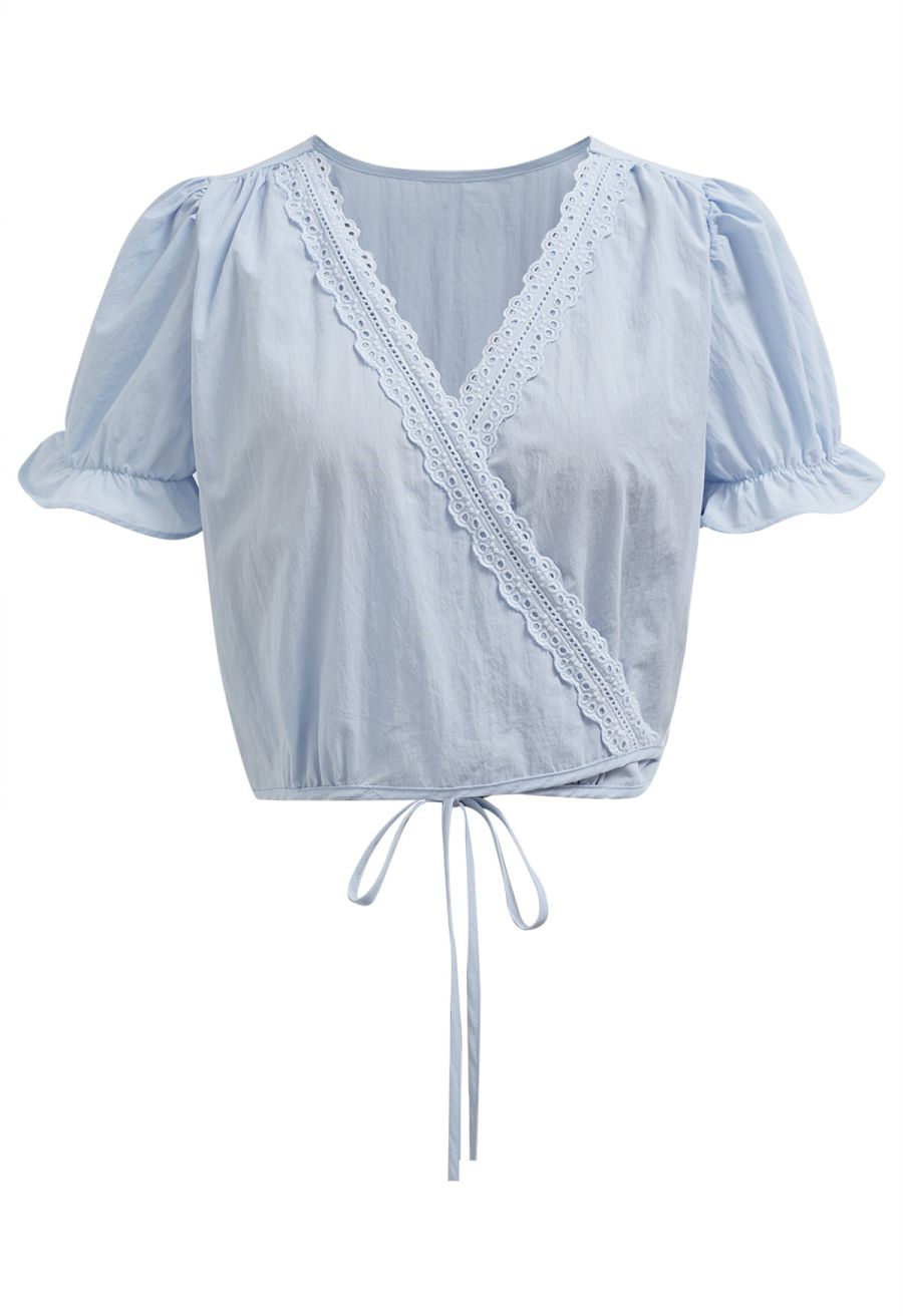 Eyelet Lace Wrap Front Crop Top in Baby Blue