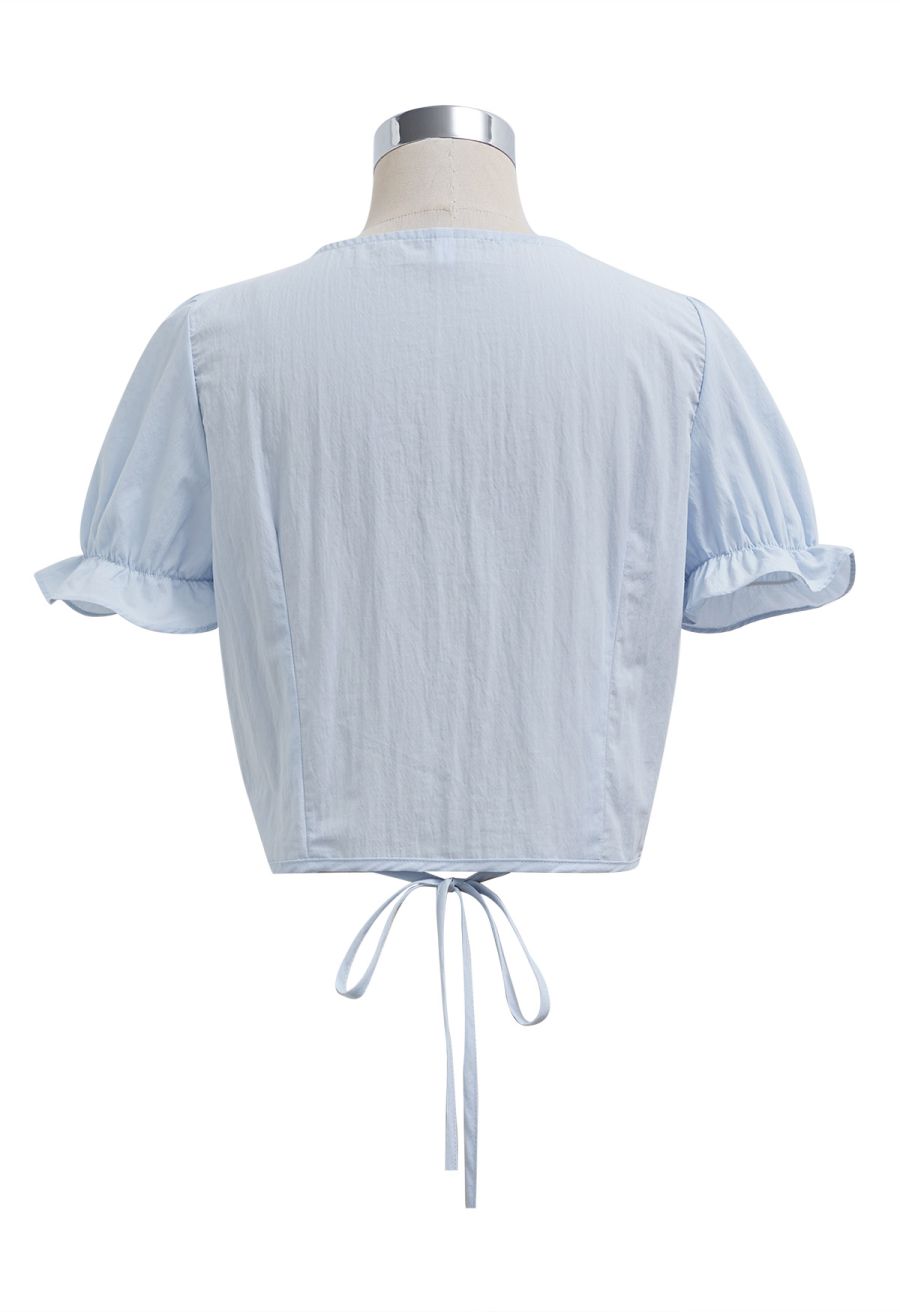 Eyelet Lace Wrap Front Crop Top in Baby Blue
