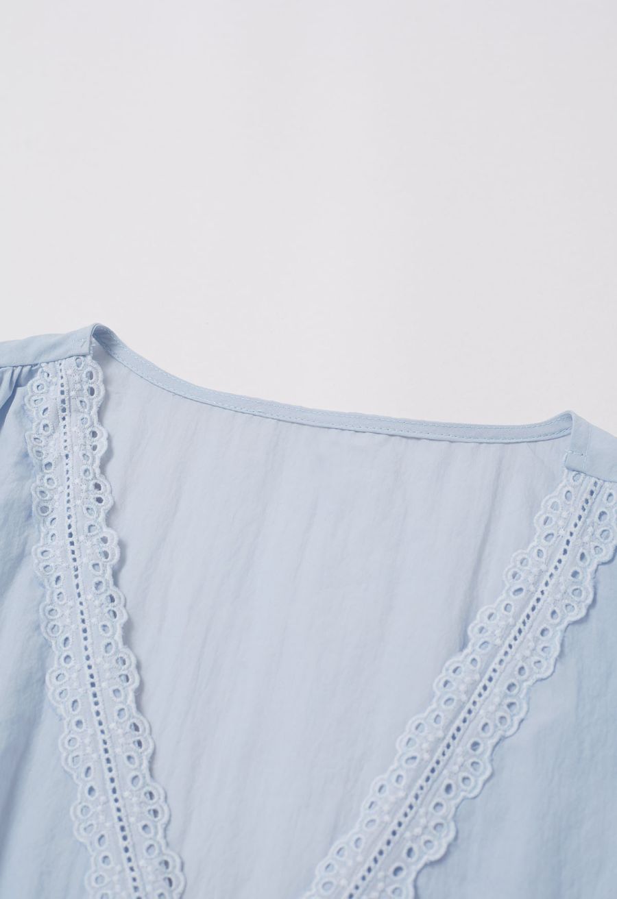 Eyelet Lace Wrap Front Crop Top in Baby Blue