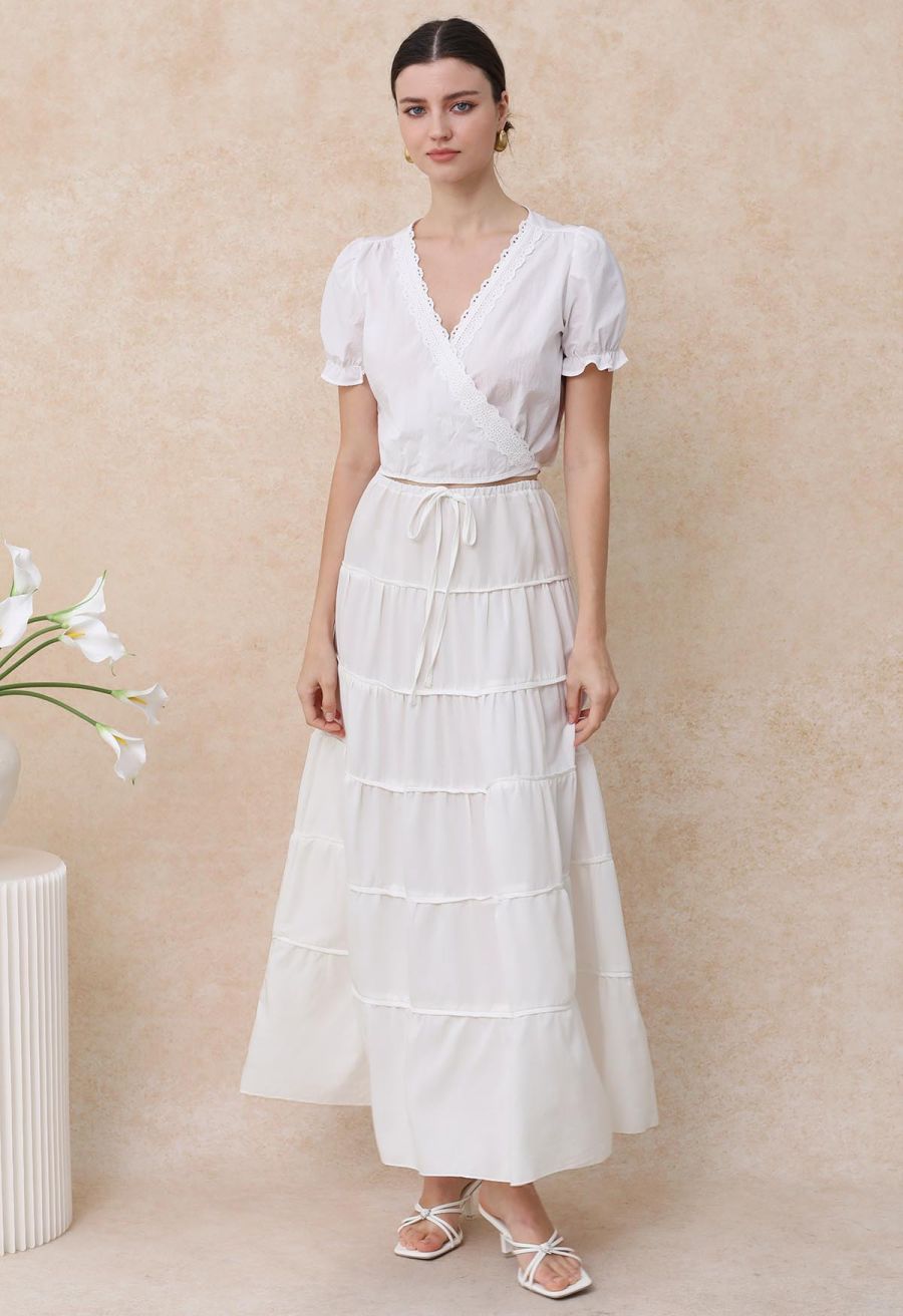 Relaxed Fit Tie-Waist Tiered Maxi Skirt in White