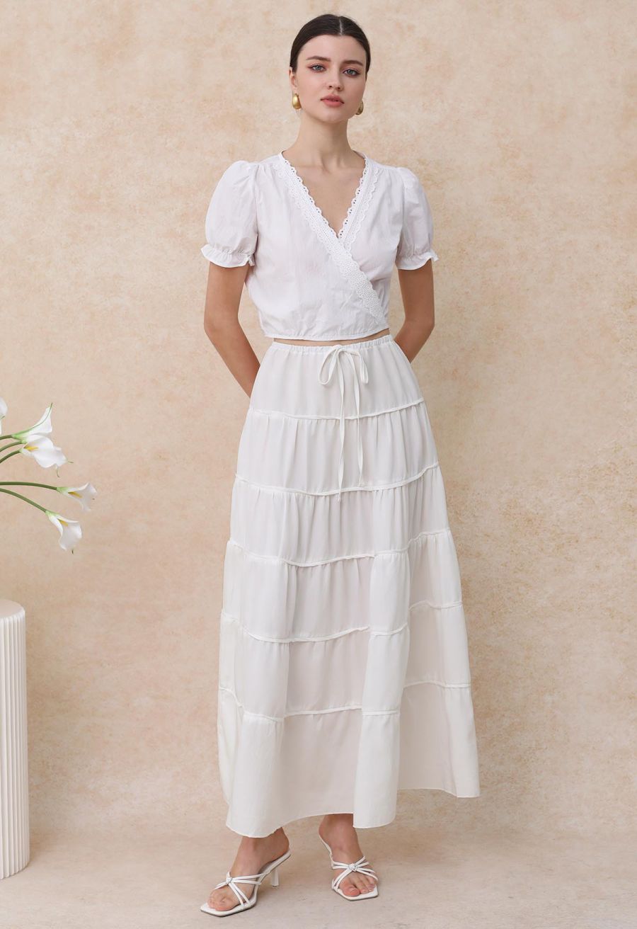 Relaxed Fit Tie-Waist Tiered Maxi Skirt in White