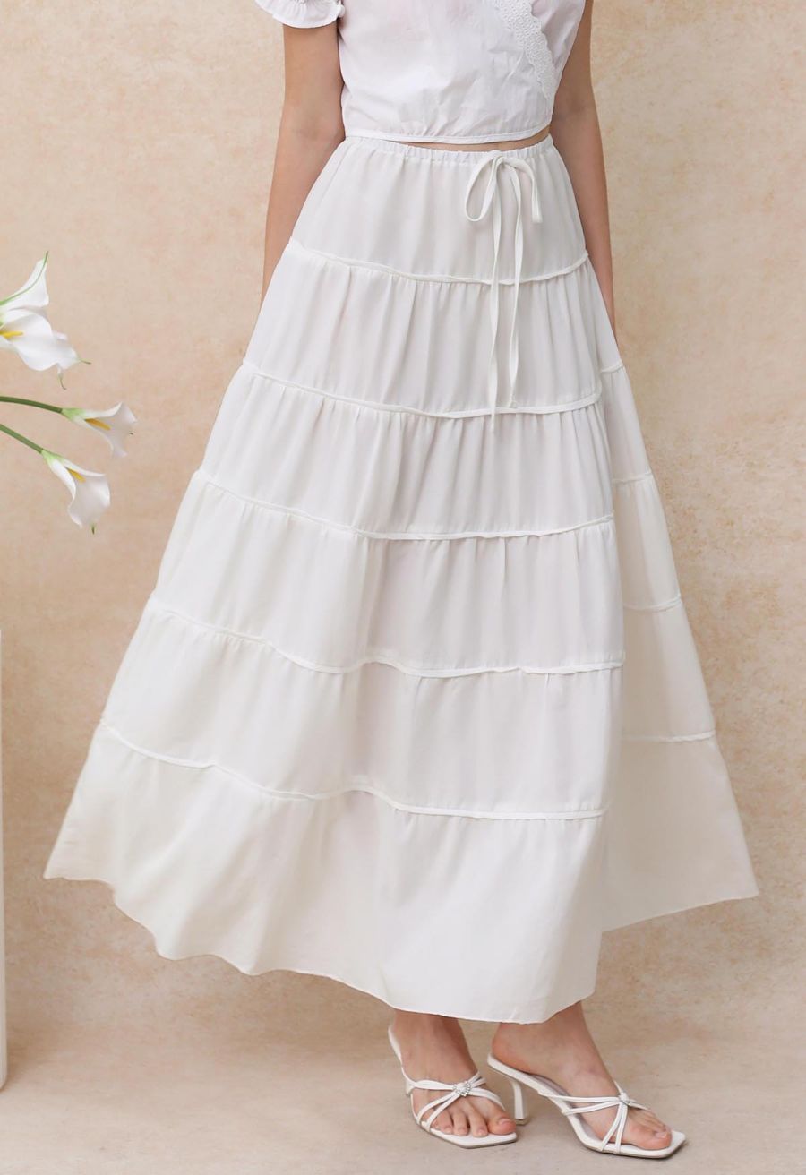 Relaxed Fit Tie-Waist Tiered Maxi Skirt in White