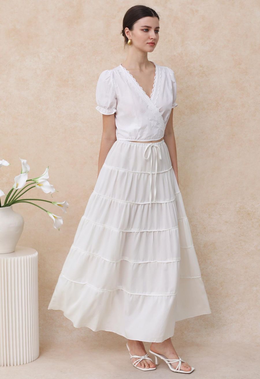 Eyelet Lace Wrap Front Crop Top in White