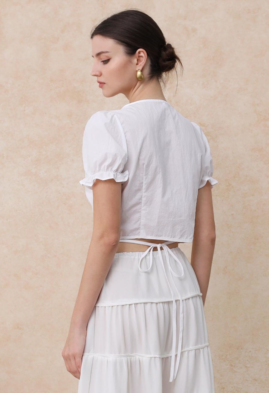 Eyelet Lace Wrap Front Crop Top in White
