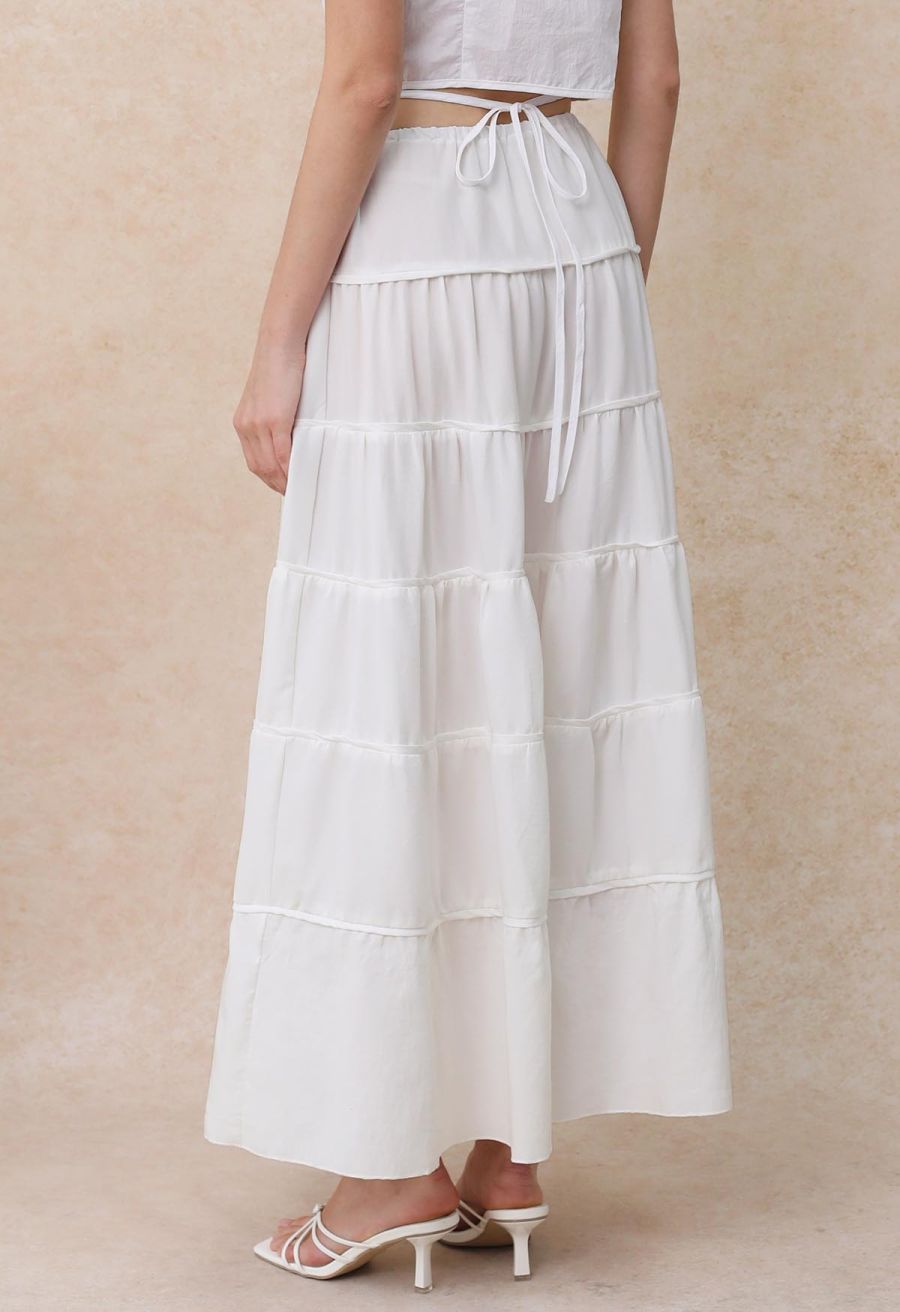 Relaxed Fit Tie-Waist Tiered Maxi Skirt in White