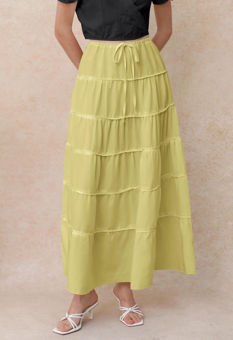 Relaxed Fit Tie-Waist Tiered Maxi Skirt in Lime