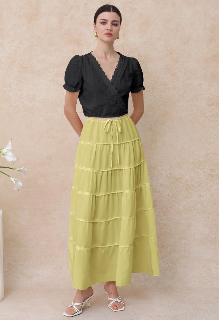 Relaxed Fit Tie-Waist Tiered Maxi Skirt in Lime