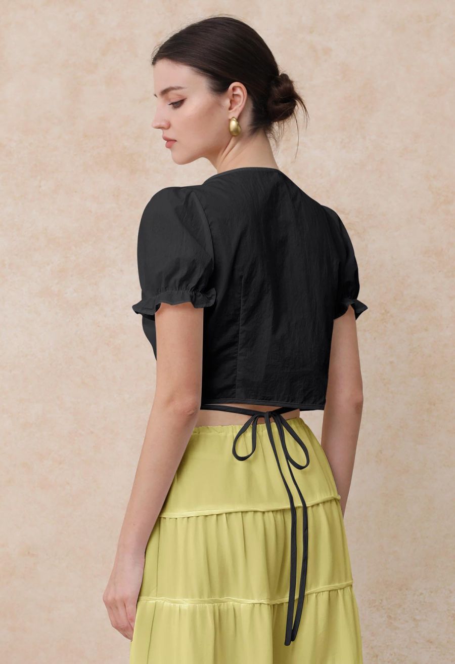 Eyelet Lace Wrap Front Crop Top in Black