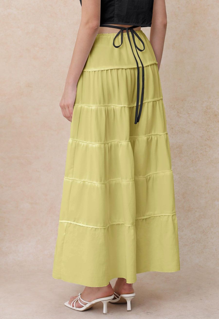 Relaxed Fit Tie-Waist Tiered Maxi Skirt in Lime