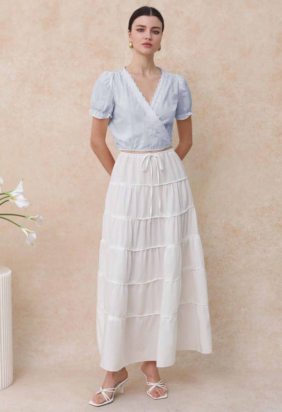 Eyelet Lace Wrap Front Crop Top in Baby Blue