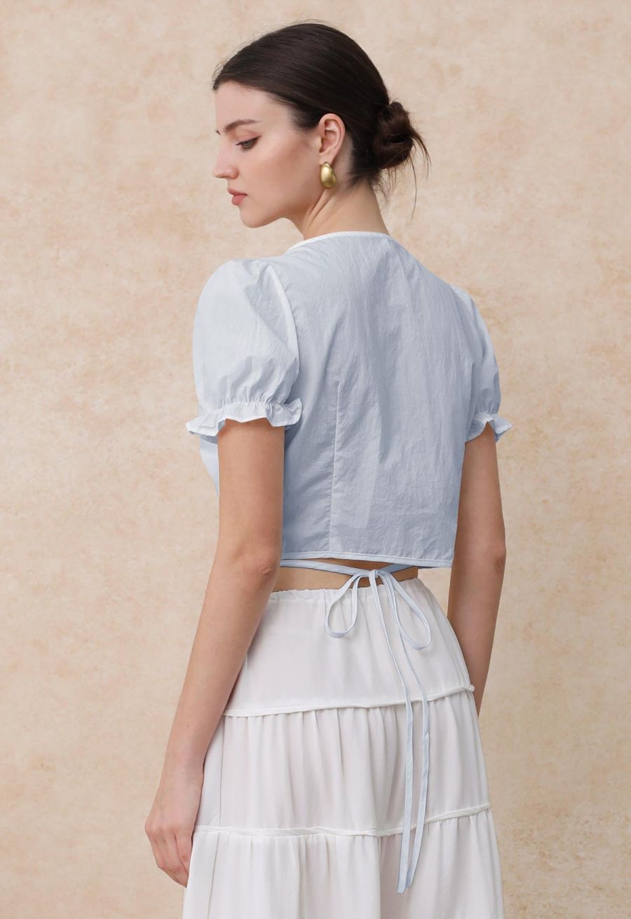 Eyelet Lace Wrap Front Crop Top in Baby Blue