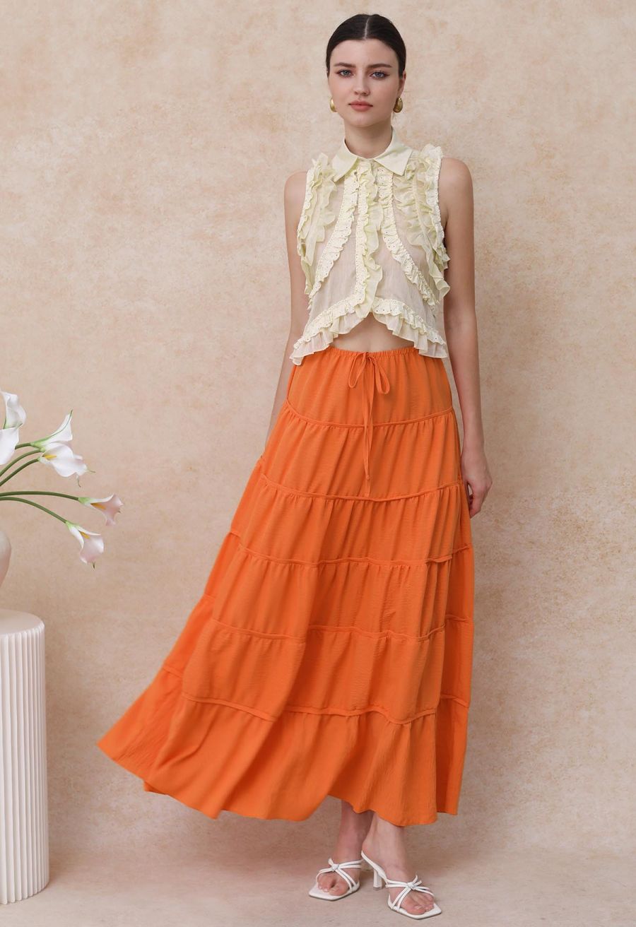 Ruffle Button-Front Semi-Sheer Sleeveless Top