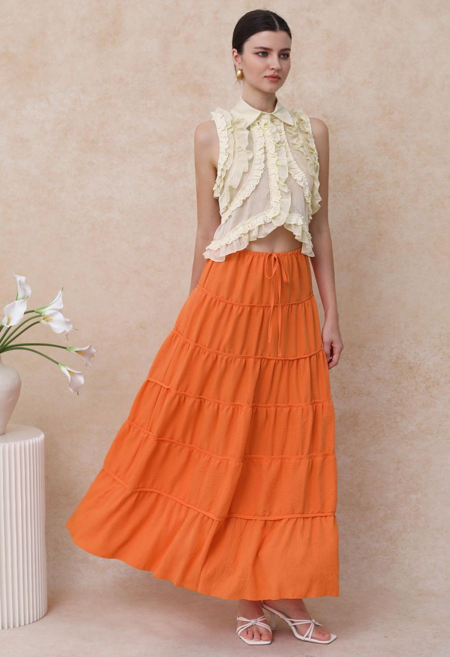 Ruffle Button-Front Semi-Sheer Sleeveless Top