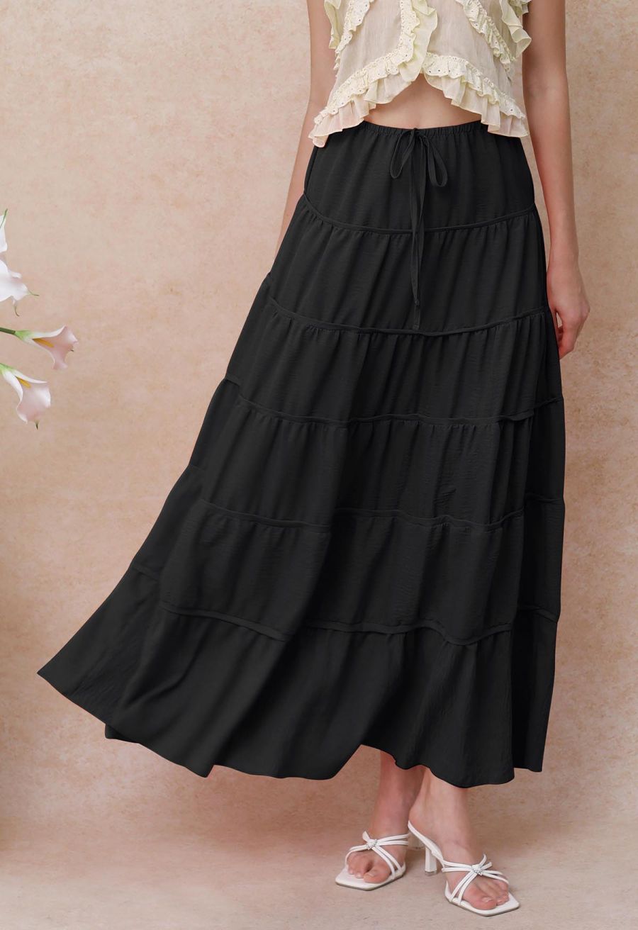 Relaxed Fit Tie-Waist Tiered Maxi Skirt in Black