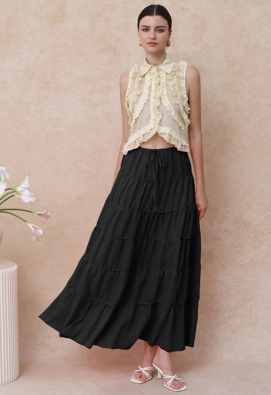 Relaxed Fit Tie-Waist Tiered Maxi Skirt in Black