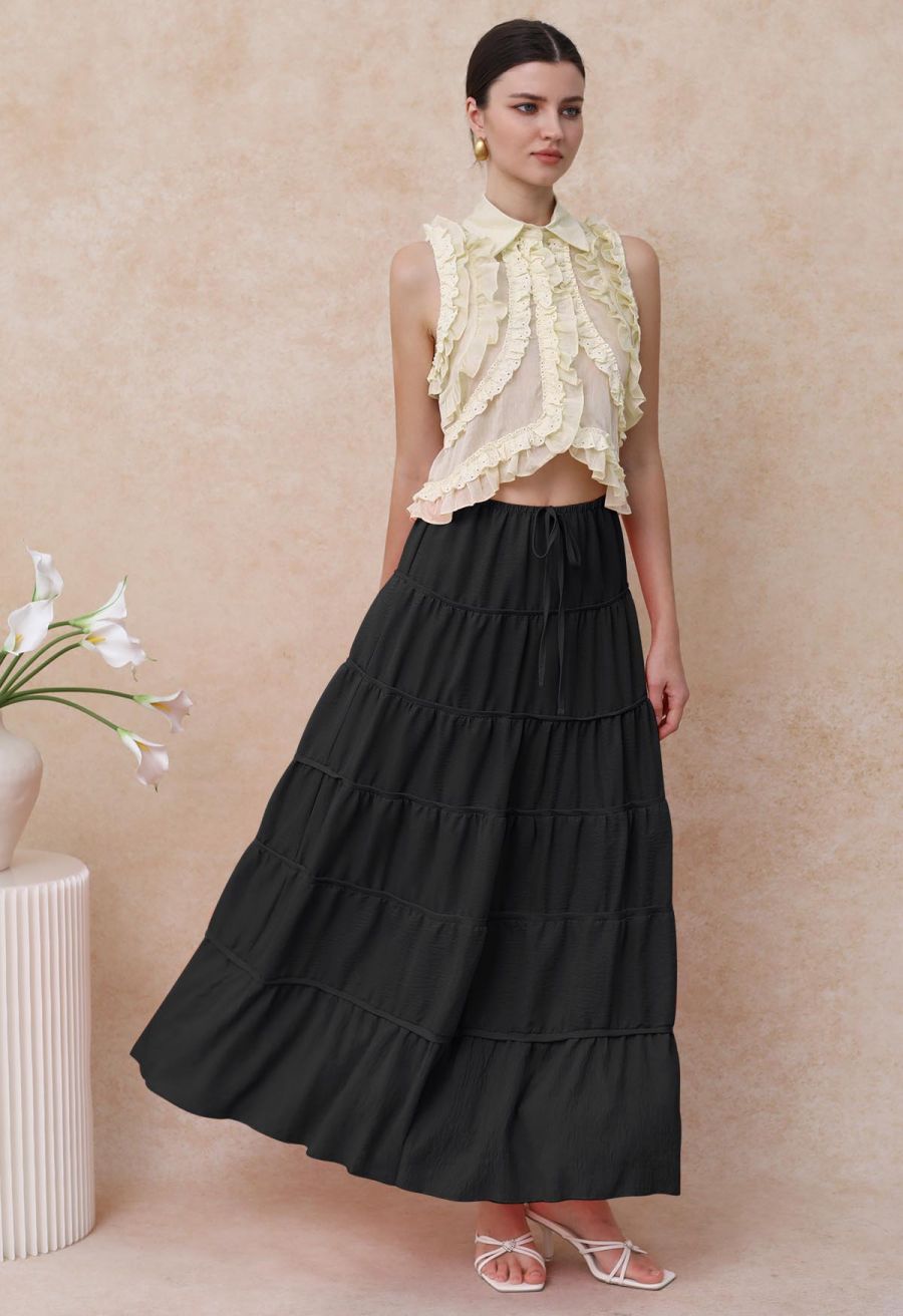 Relaxed Fit Tie-Waist Tiered Maxi Skirt in Black