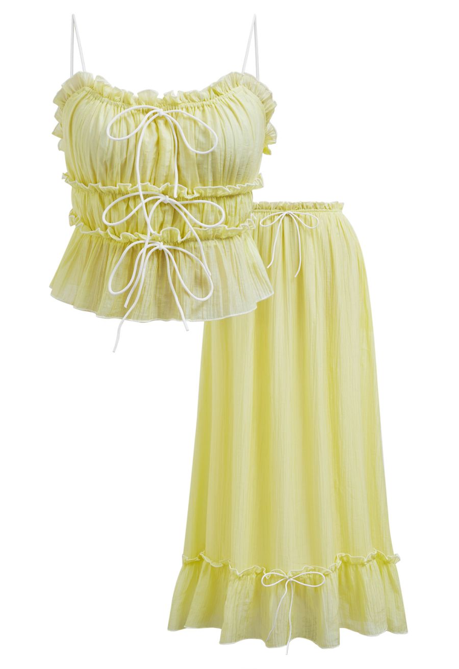 Contrast Bowknot Ruffle Cami Top and Skirt Set in Yellow