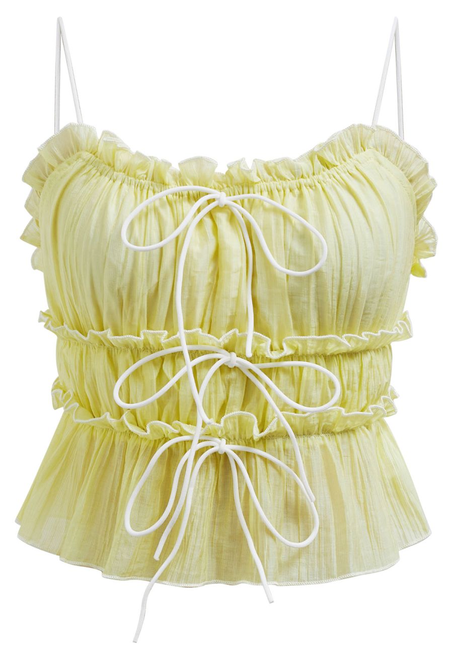 Contrast Bowknot Ruffle Cami Top and Skirt Set in Yellow