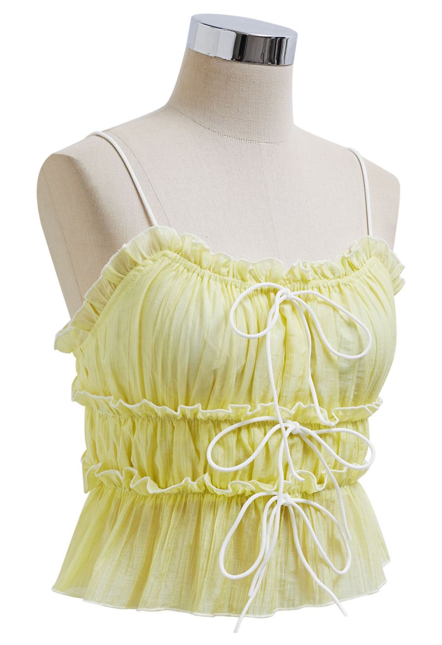 Contrast Bowknot Ruffle Cami Top and Skirt Set in Yellow