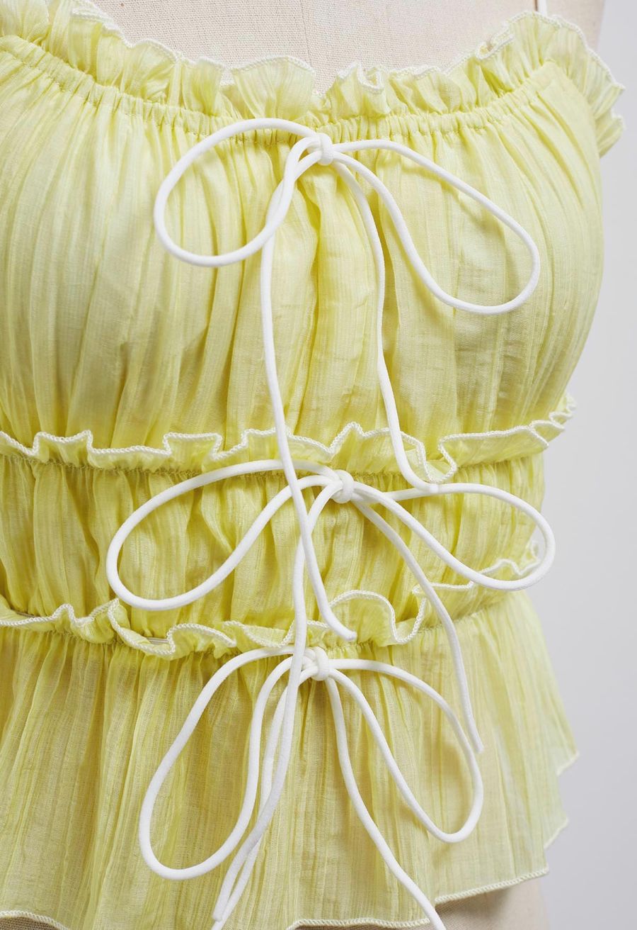 Contrast Bowknot Ruffle Cami Top and Skirt Set in Yellow