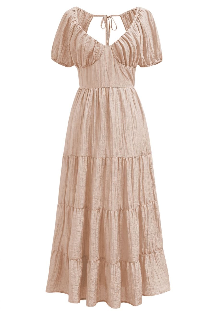 Scoop Neck Tie-Back Crinkle Tiered Dress in Dusty Pink