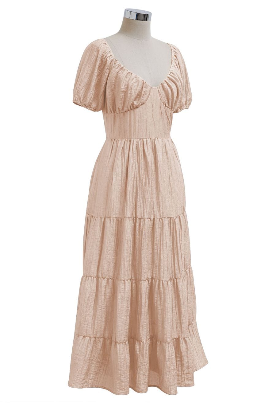 Scoop Neck Tie-Back Crinkle Tiered Dress in Dusty Pink