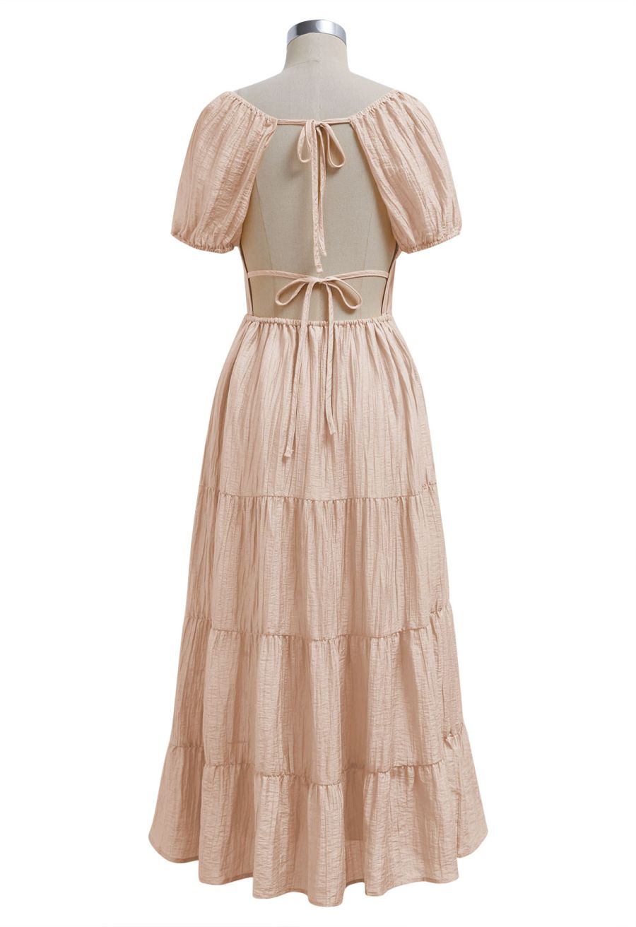 Scoop Neck Tie-Back Crinkle Tiered Dress in Dusty Pink