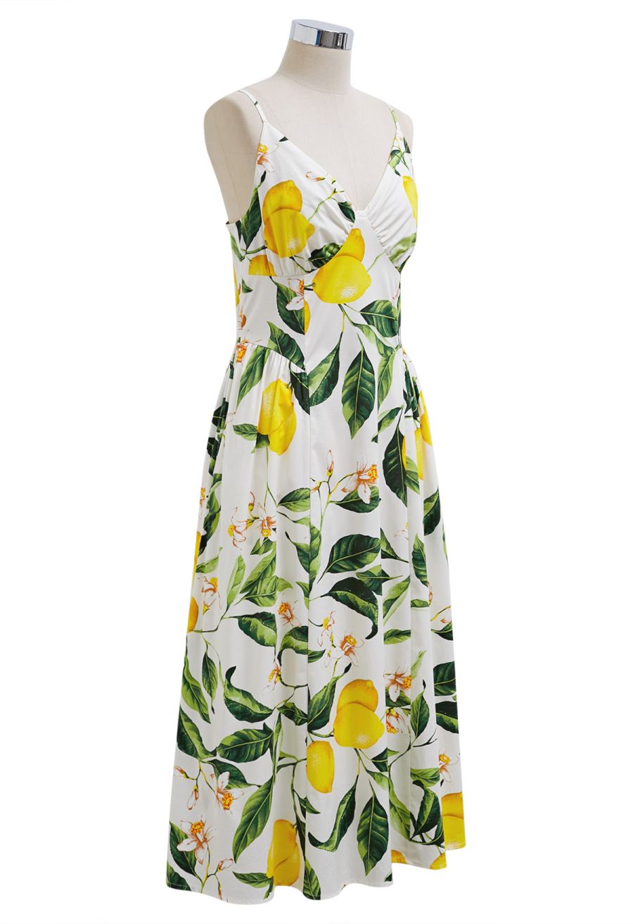 Lemon Floral V-Neck Cami Midi Dress