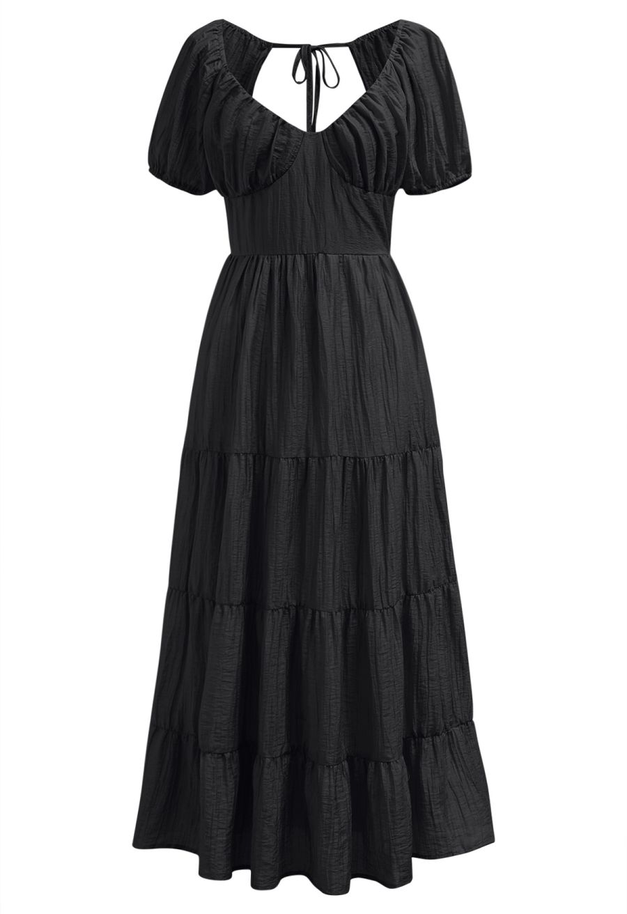 Scoop Neck Tie-Back Crinkle Tiered Dress in Black