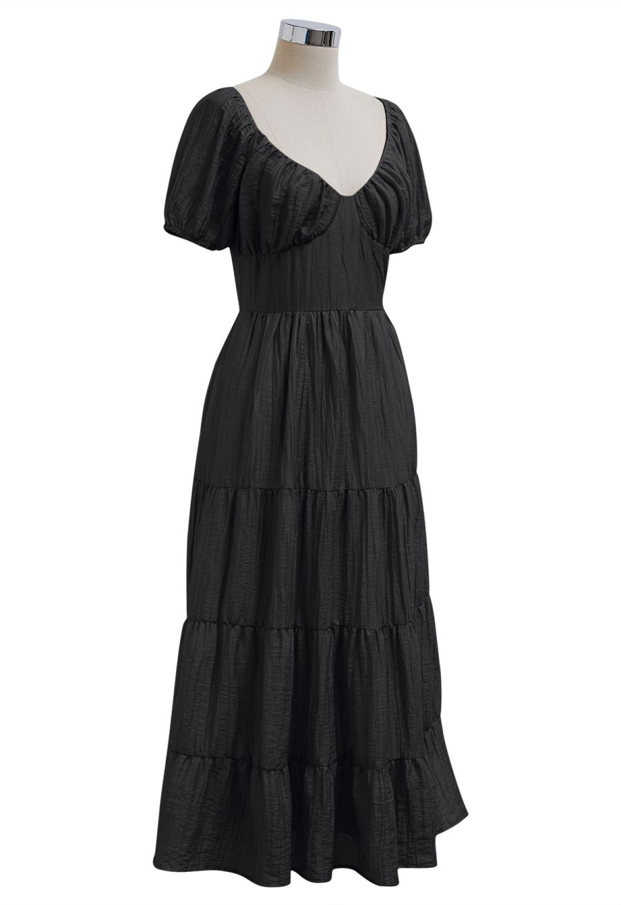 Scoop Neck Tie-Back Crinkle Tiered Dress in Black