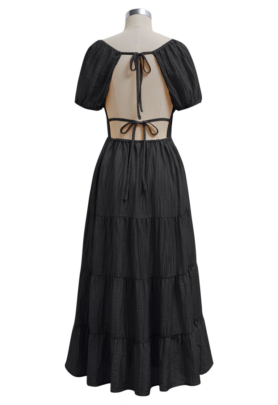 Scoop Neck Tie-Back Crinkle Tiered Dress in Black
