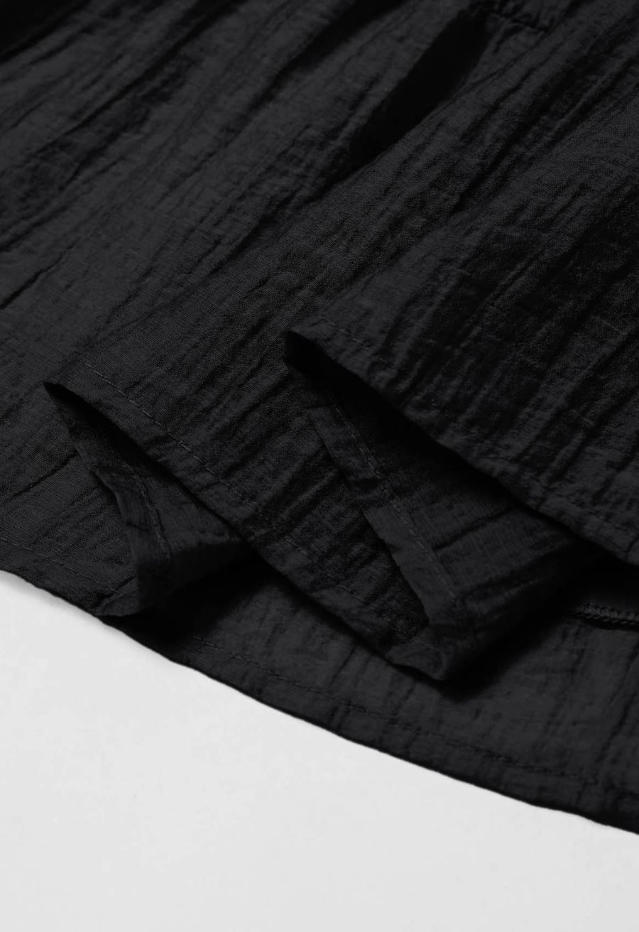 Scoop Neck Tie-Back Crinkle Tiered Dress in Black