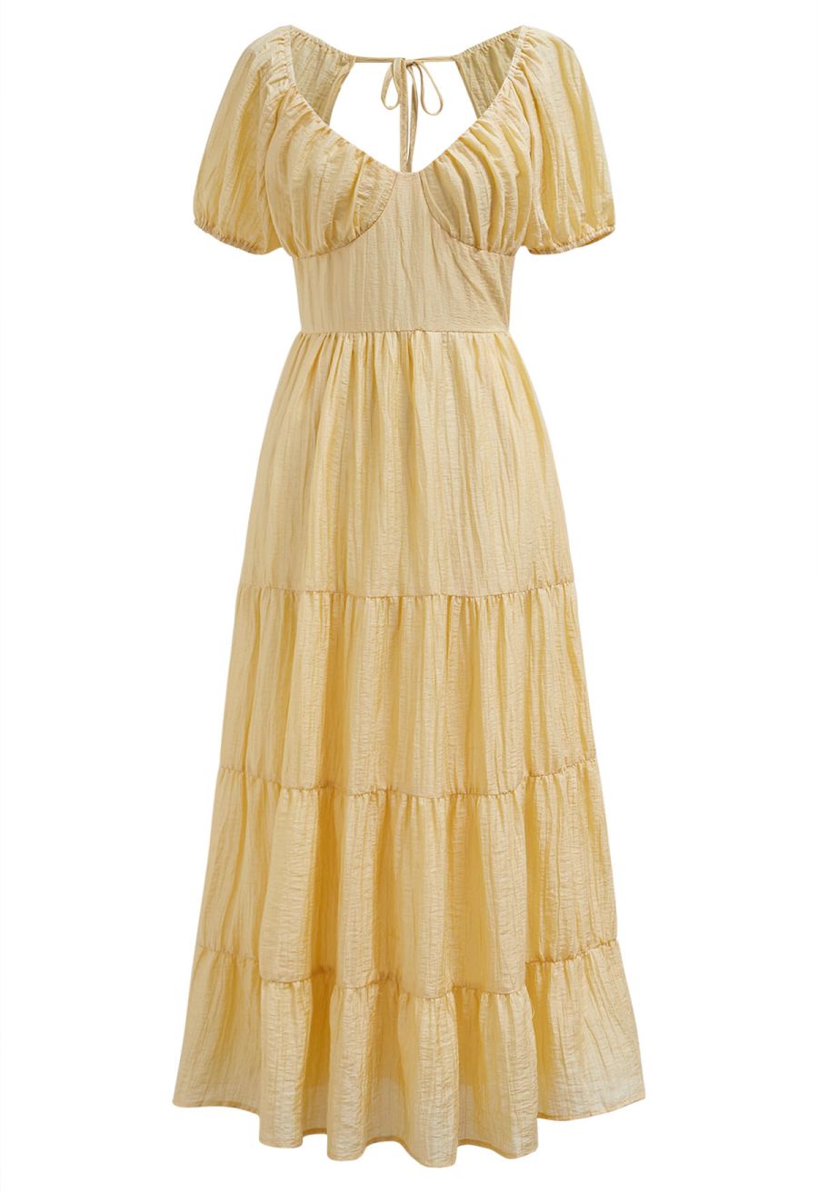 Scoop Neck Tie-Back Crinkle Tiered Dress in Light Yellow