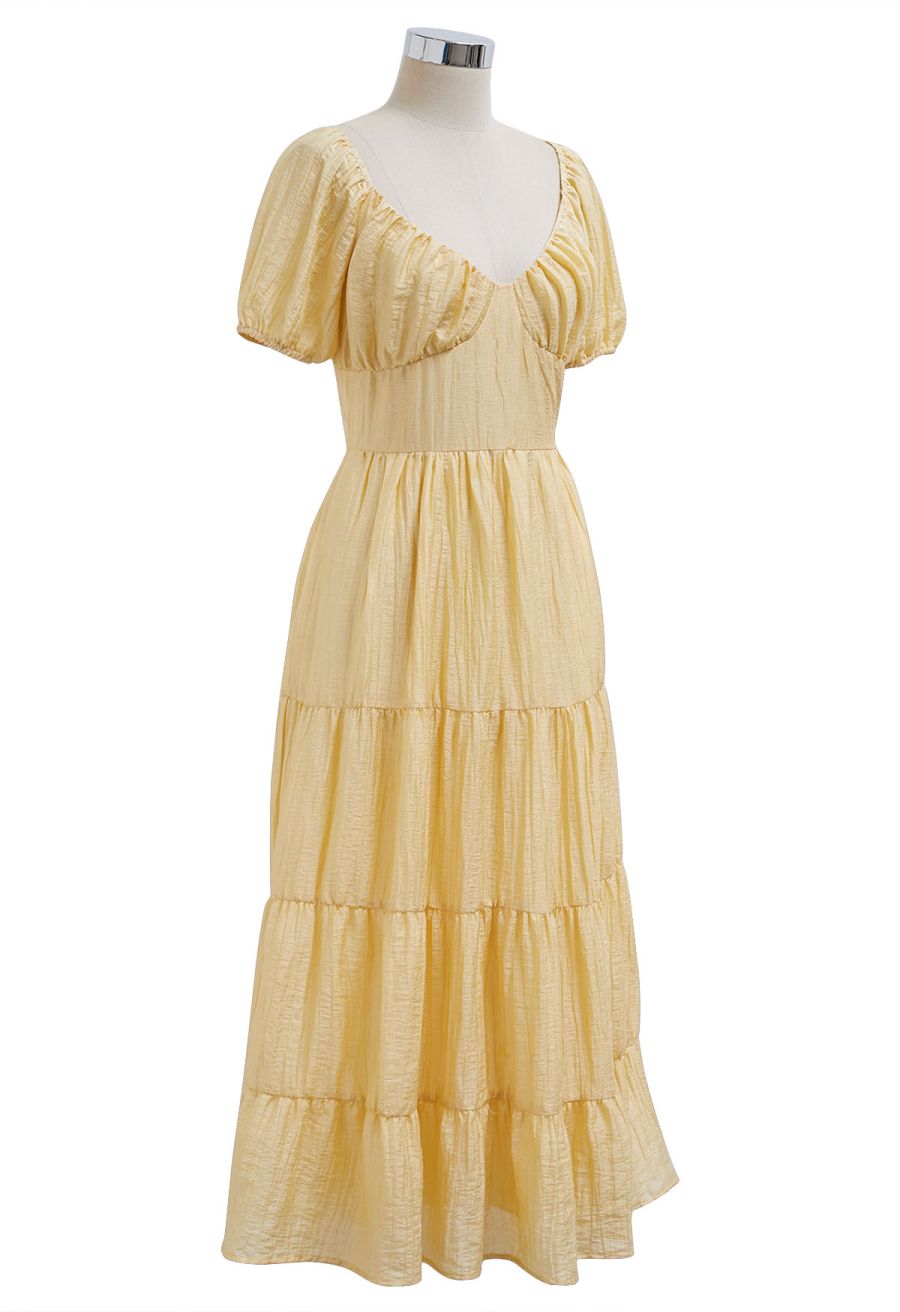 Scoop Neck Tie-Back Crinkle Tiered Dress in Light Yellow