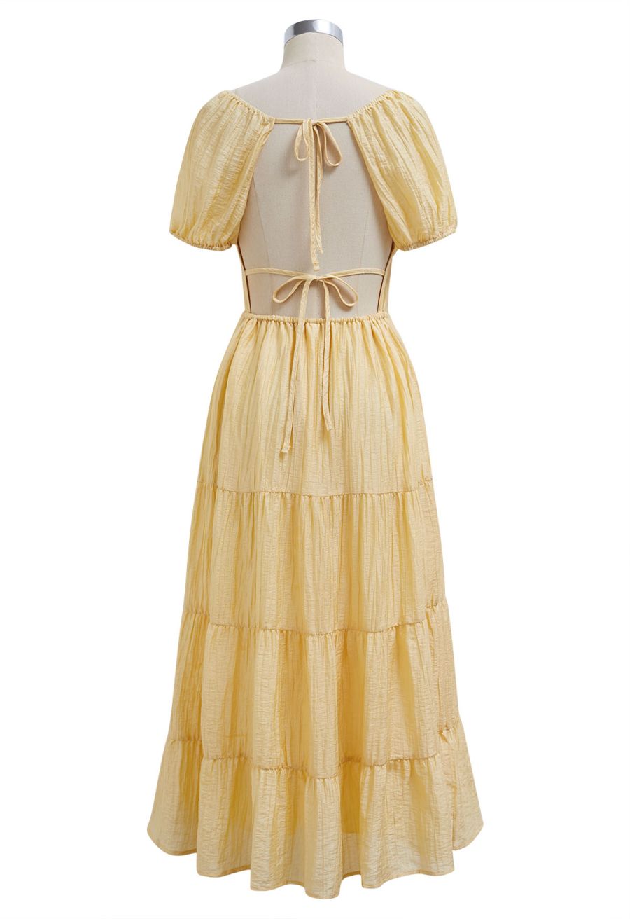 Scoop Neck Tie-Back Crinkle Tiered Dress in Light Yellow