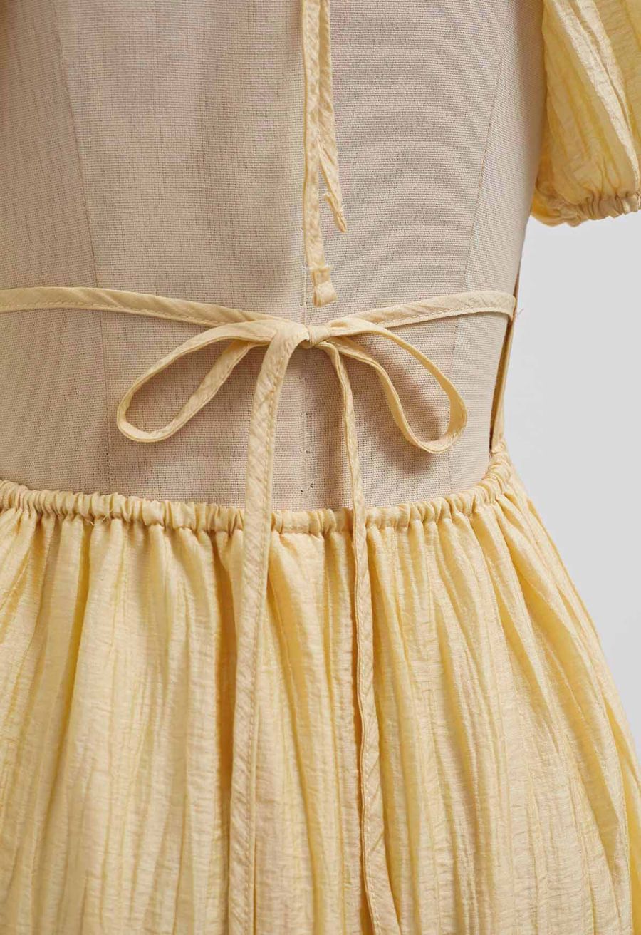 Scoop Neck Tie-Back Crinkle Tiered Dress in Light Yellow