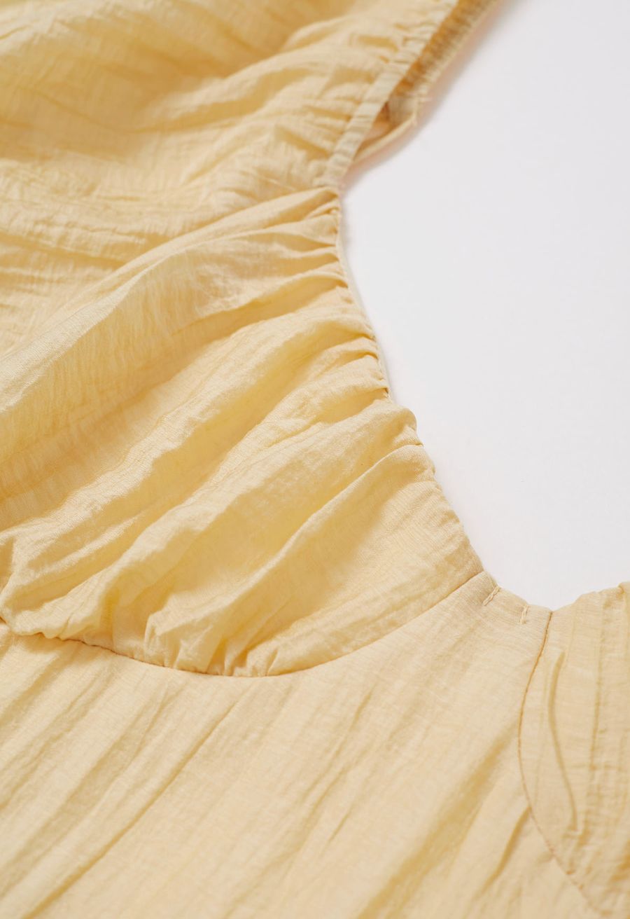 Scoop Neck Tie-Back Crinkle Tiered Dress in Light Yellow