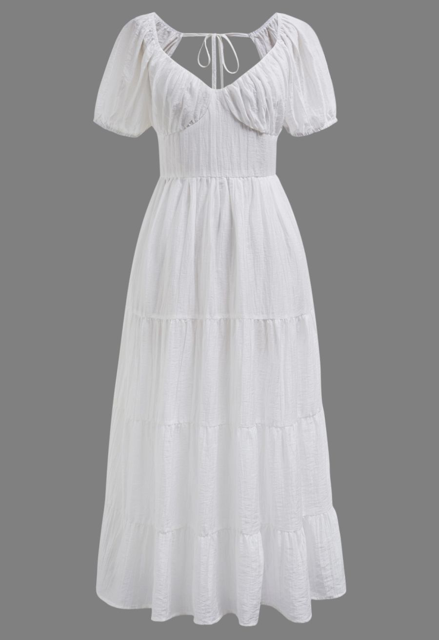 Scoop Neck Tie-Back Crinkle Tiered Dress in White