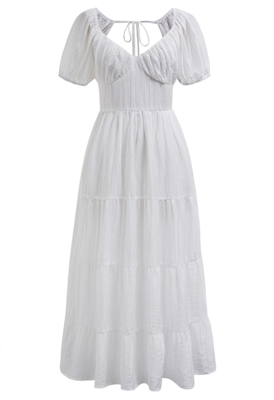 Scoop Neck Tie-Back Crinkle Tiered Dress in White