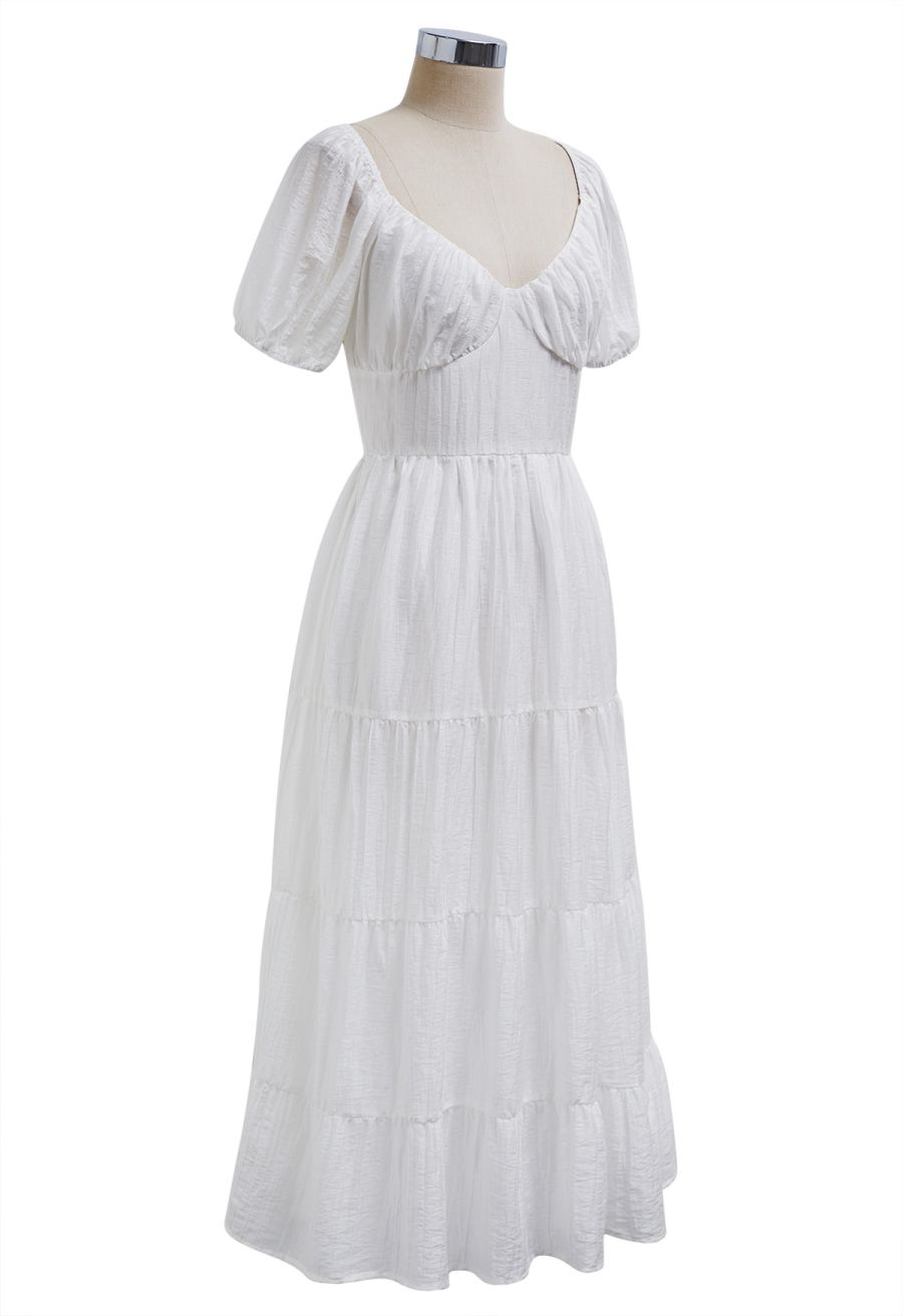 Scoop Neck Tie-Back Crinkle Tiered Dress in White