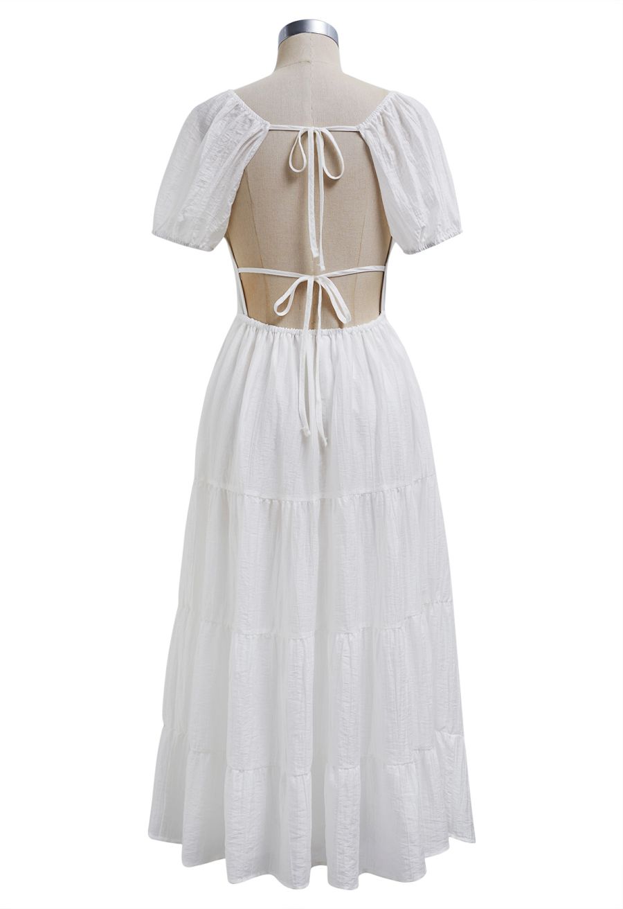 Scoop Neck Tie-Back Crinkle Tiered Dress in White