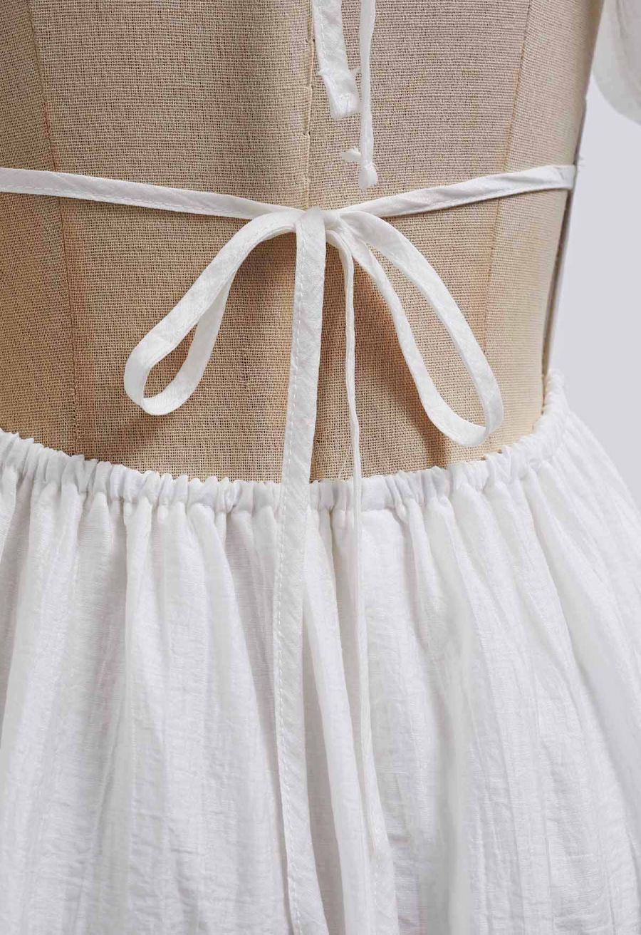 Scoop Neck Tie-Back Crinkle Tiered Dress in White