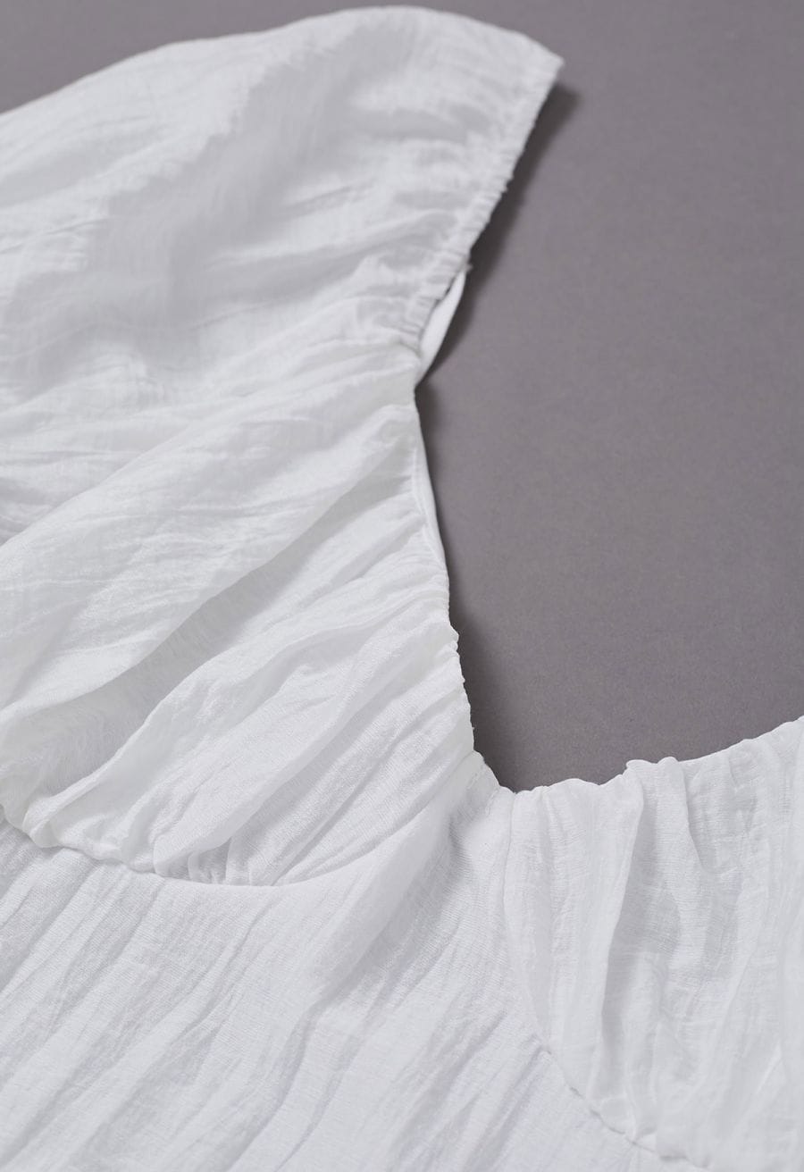 Scoop Neck Tie-Back Crinkle Tiered Dress in White
